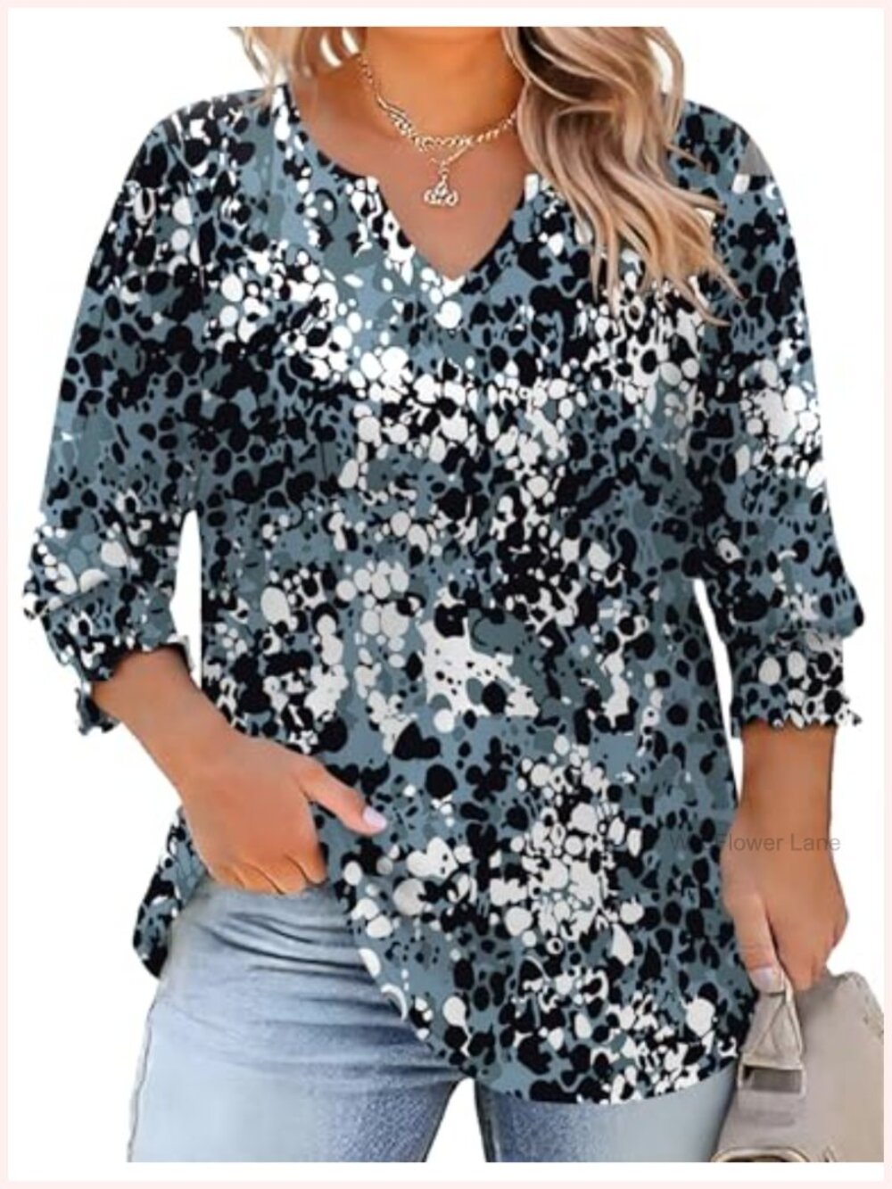 Plus Size 3/4 Sleeve V Neck Tunic Blouse Loose Fit Casual Top